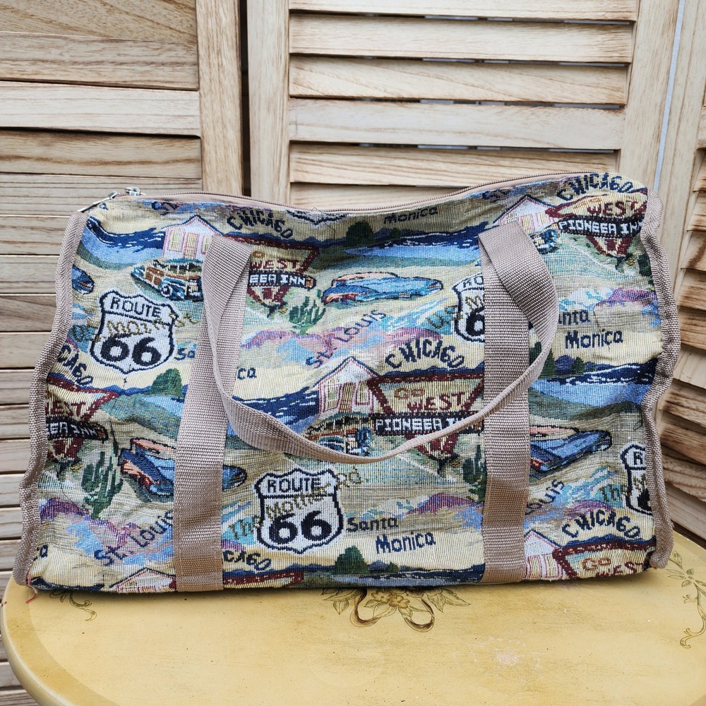 Vintage Route 66 Retro Tapestry Duffel Bag Road Trip Style Carry On Travel 90s